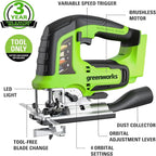Greenworks 24V Brushless 1" Cordless Jig Saw (3,000 SPM / 4 Settings / LED Light), Tool Only