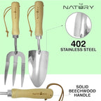 Garden Tools Set – Premium Stainless Steel Gardening Hand Tools with Solid Beechwood Handle – Gardening Kit with Rake, Shovel, Gloves, Shears, Tool Organizer – Garden Gifts for Women and Men