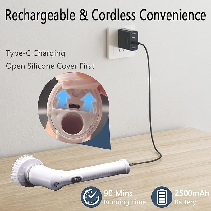 Electric Spin Scrubber,Cordless Power Cleaning Brush with 6 Brush Heads-Dual Speed,IPX7 Waterproof Adjustable Extension Handle,Bathroom Shower Scrubber for Grout,Tile,Tub, Floor,Car