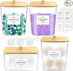 4PCS Laundry Pods Container, Clear Laundry Room Organization and Storage with Bamboo Lids, 3 Premium Scoops & Labels – Ideal for Scent Booster Beads, Dryer Balls, Sheets & Powder