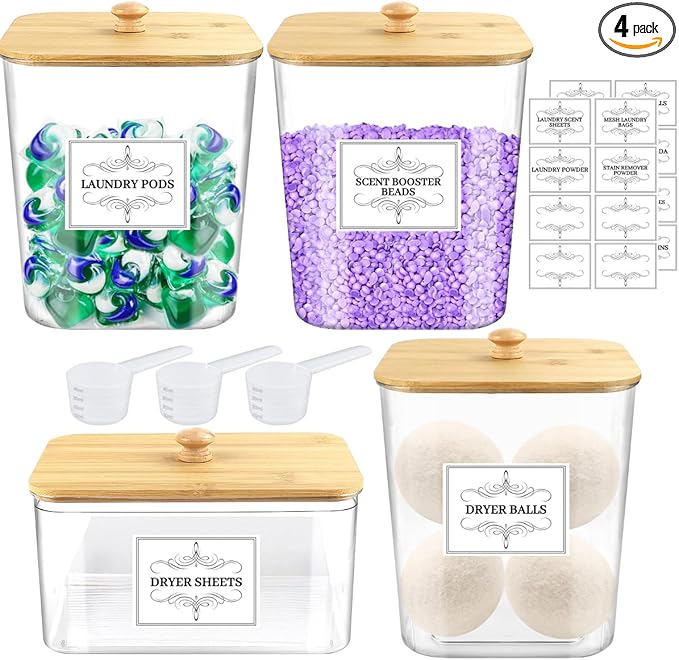 4PCS Laundry Pods Container, Clear Laundry Room Organization and Storage with Bamboo Lids, 3 Premium Scoops & Labels – Ideal for Scent Booster Beads, Dryer Balls, Sheets & Powder