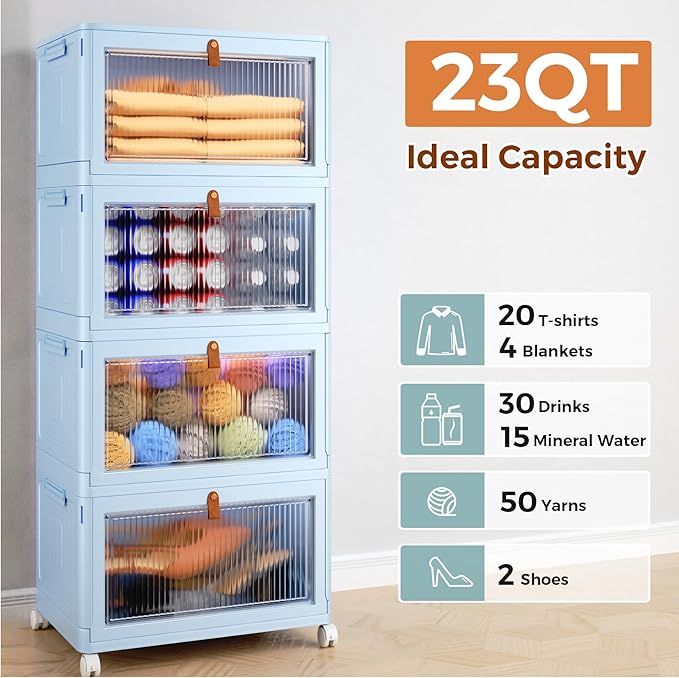 4 Tier Stackable Plastic Storage Bins with Lid and Wheels - 23 QT Closet Organizers and Storage, Foldable Storage Containers, Organization and Storage Boxes for Craft, Home, Pantry, Dorm,Blue