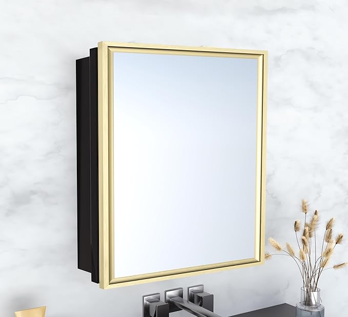 Medicine Cabinet with Mirror Recessed or Surface Mount Farmhouse Style Single Door Mirror Cabinet Finish Square Bathroom Storage, (Brushed Gold, 24x24 Inch)