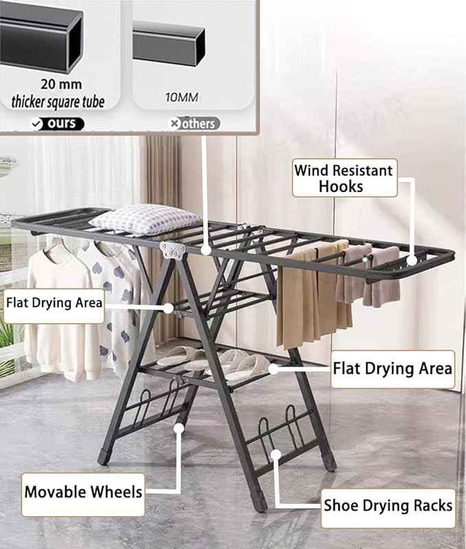 Mimiblack Heavy Duty Clothes Drying Rack Foldable with Wheels, 71'' Extra-Thick Metal Laundry Dryer Stand, 27 Rods Free-Standing for Indoor/Outdoor Windproof Use - Large Size