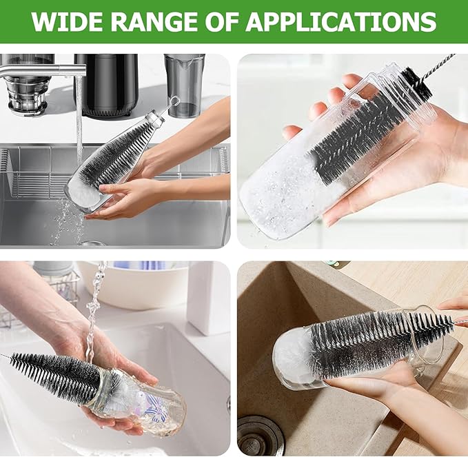Bottle Brush Cleaner Set of 2 - Water Bottle Cleaner Brush with Anti-Scratch Bristles, Stainless Steel Handle - Bottle Washer Brush for Soda Bottles, Sports Bottles, Baby Bottles, Wine Glasses