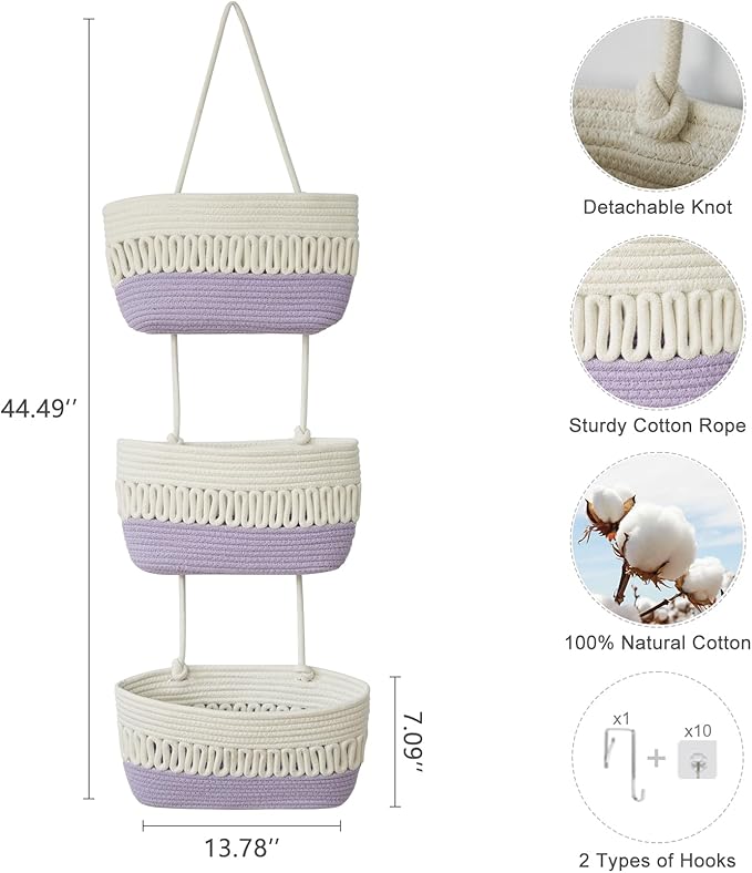 danpinera Over the Door Hanging Baskets for Organizing, 3-Tier Hanging Wall Basket for Storage, Woven Cotton Rope Baskets Storage Decorative for Nursery, Bedroom, Living Room, Kitchen, White & Violet