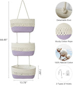 danpinera Over the Door Hanging Baskets for Organizing, 3-Tier Hanging Wall Basket for Storage, Woven Cotton Rope Baskets Storage Decorative for Nursery, Bedroom, Living Room, Kitchen, White & Violet
