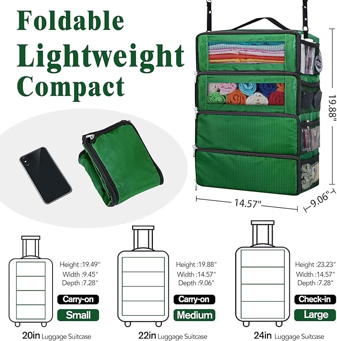 Suitcase Organizer - Carry On Closet Luggage Organizers Accessories - Foldable & Hangable Portable Hanging Travel Shelves with Shoulder Strap - Medium, Green