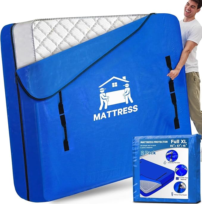 Mattress Bags for Moving, BETU Mattress Protector Waterproof Mattress Cover Full XL Size Storage Bags with 8 Heavy-Duty Handles and Zipper for Bed Extra Thick Large(2 Pack, 82"x57"x15" Blue)