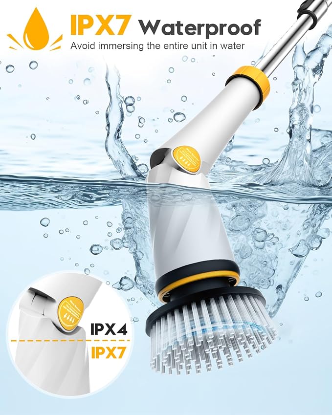 1200 RPM Powerful Electric Spin Scrubber with 8 Cleaning Brush, 2 Battery Cordless Shower Scrubber with 3 Speeds Display & 50inch Retractable Handle, IPX7 Waterproof Power Scrubbers for Deep Cleaning