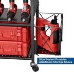 Power Tool Organizer with Wheels 4 Tier Tool Cart Loads 500 LBS with 8 Cordless Drill Holder & Screwdriver Rack Metal Utility Rack for Home, Garage, Workshop, Gifts for Men, Regular with Basket
