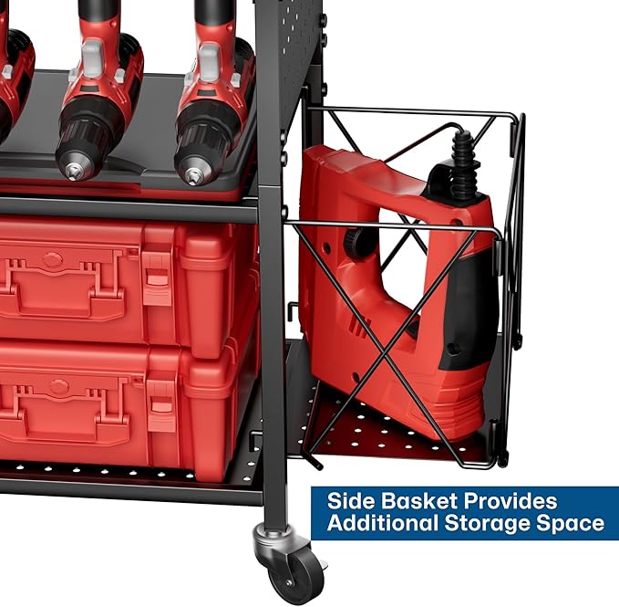 Power Tool Organizer with Wheels 4 Tier Tool Cart Loads 500 LBS with 8 Cordless Drill Holder & Screwdriver Rack Metal Utility Rack for Home, Garage, Workshop, Gifts for Men, Regular with Basket