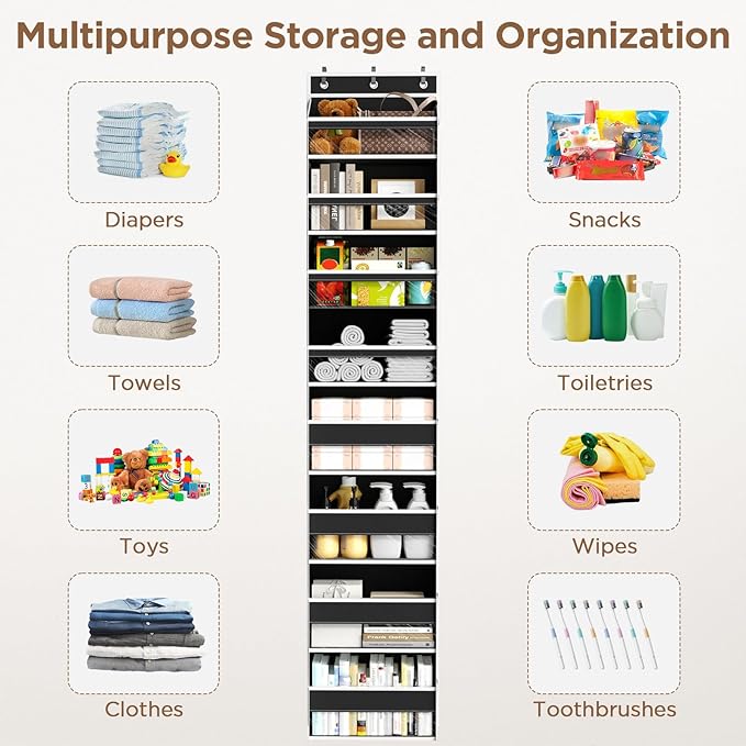 Over The Door Organizer, 8 Shelf Door Hanging Organizers with 8 Large Capacity Pockets, Back of Door Organizer Storage Hanging Shelves for Closet Bathroom Bedroom Nursery