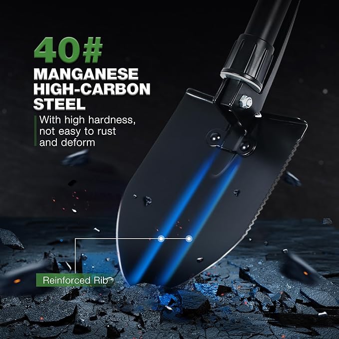 REDCAMP 18" Mini Survival Folding Camping Shovel with Cover, Manganese Steel Tri-Fold Handle Portable Tactical Shovel for Hiking, Beach, Mud, Snow, Lightweight 1.5Lbs Black