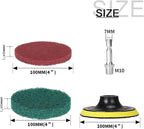 4 Inch Drill Brush Power Scouring Pads - Heavy Duty Tub and Tile Cleaner - Household Cleaning Kit Includes Drill Attachment, 5 Red, 5 Stiff Green Scrubber Pads