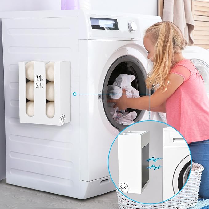 Magnetic Dryer Ball Holder for Laundry Room, Wood Dryer Ball Container Wall Mount, Laundry Dispenser Basket (White)