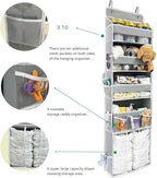 Door Hanging Storage Organizer,with 3 Bins 1 Movable Baby Diaper Caddy,1 Large capacity diaper stacking storage Organizer,10 Side Pockets ,Bedroom Door Storage for Nursery Baby Essentials.Grey 1 Pack.