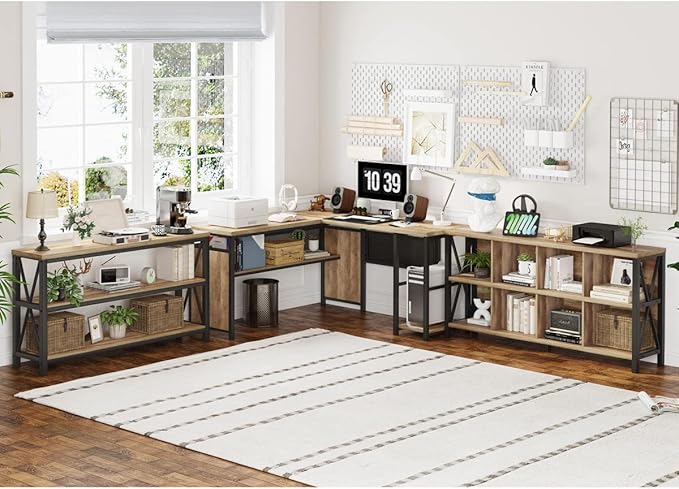 FATORRI 8 Cube Storage Organizer Bookshelf, Rustic Wood Cubby Bookcase, Industrial Horizontal Long Shelf for Living Room (Rustic Oak, 62 Inch)