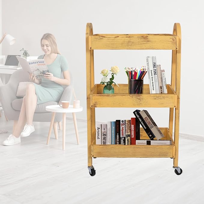 3-Tier Rolling Utility Cart with Lockable Wheels Storage Slim Storage Heavy Duty Cart Mobile Shelving Unit Craft Narrow Organizer for Bathroom Laundry Kitchen (Vintage Yellow)