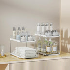 Delamu 4 Pack 2-Tier Bathroom Under Sink Organizers and Storage, Multi-Purpose Stackable Pantry Organization and Storage, Pull Out Clear Kitchen Bathroom Cabinet Organizer with Movable Dividers, White