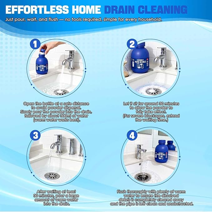 Pipe Bobo Drain Cleaner, 300g, Professional Strength Pipe Dredging Formula for Kitchen Sinks, Shower Drains, Tubs, Dissolves Blockages (1Pcs)
