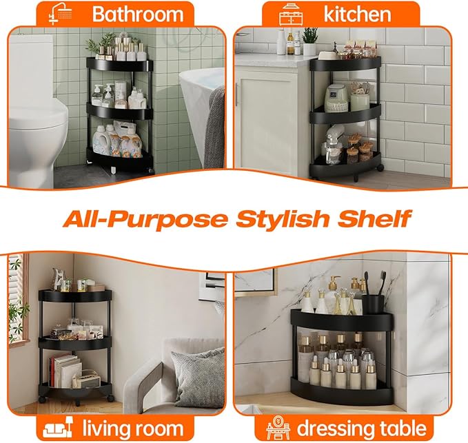 Rolling Cart with Wheels 3 Tier Bathroom Organizer Mobile Shelving Unit Utility Cart Tower Rack Multifunction Utility Storage carts, Kitchen Storage Organizer for Kitchen Laundry Narrow Places, black