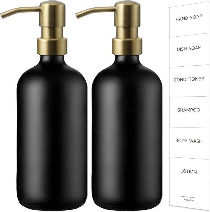 GMISUN Gold Soap Dispenser, 2 Pack Matte Black Glass Bathroom Hand Soap Dispenser with Rustproof Golden Pump, 17 Fl Oz Kitchen Hand and Dish Soap Dispensers Set, Modern Liquid Soap Lotion Bottle