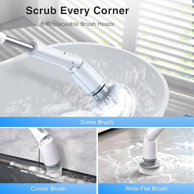 LABIGO Electric Spin Scrubber LA3 Pro, Cordless Bathroom Scrubber with 5 Replacement Head, 3 Adjustable Angle, Household Power Cleaning Brush with Extension Arm for Bathtub Window Car Grout Tile Floor
