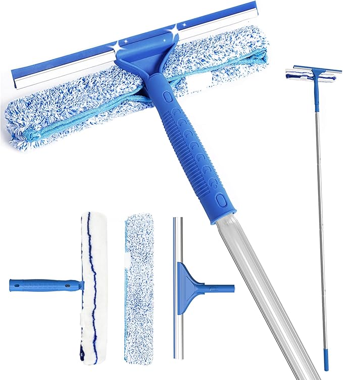 2 in 1 Window Cleaner Kit with Long Handle and Microfiber Scrubber for Glass, Car, Home Floor