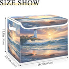 senya Large Storage Bins with Linen Collapsible Foldable Storage Cubes Fabric Closet Organizer Containers box with Flip-Top Lid for Home Bedroom Office 16.7 x 12.6 x 11.8in (Seaside Scenery)