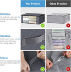 HomeHacks Storage 4-Pack Clothes Organizer Storage Bags Foldable Storage Box with Large Clear Window Sturdy Handles for Closet, Dorm, Pillows, Bedding, Clothes, Stuffed Toys, Blankets, Grey