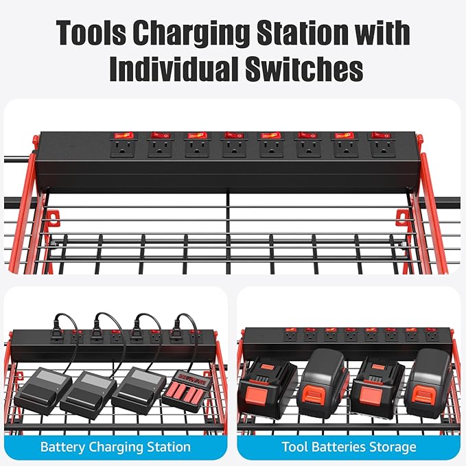 CCCEI Red Power Tool Organizer Wall Mount, Large Tools and Battery Storage Rack Charging Station Individual Switches. Drills Holder, Garage Utility Shelves with 6FT Power Strip. Gift for Men.