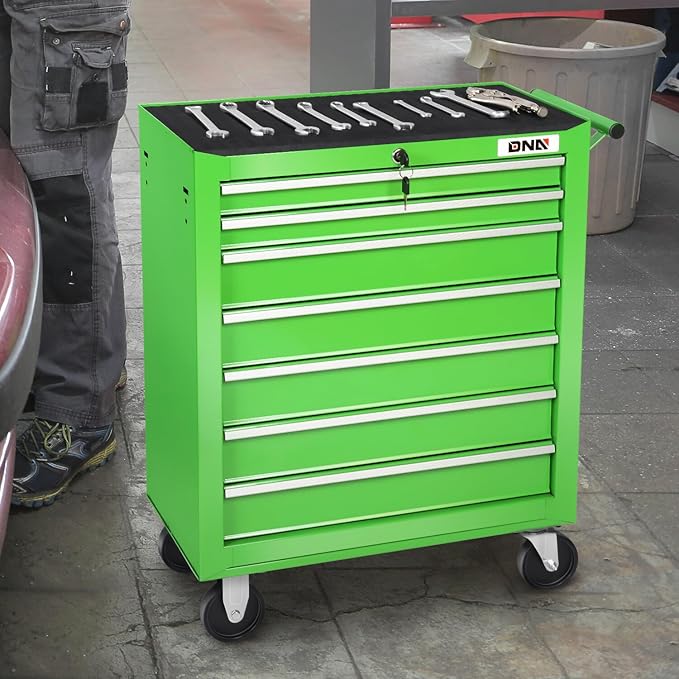 DNA MOTORING 7-Drawer Rolling Tools Chest, Rolling Tool Storage Cabinet, Heavy Duty Mechanic Tool Cart, Trolley Organizer for Garage, Warehouse, Workshop, Green, TOOLS-00399