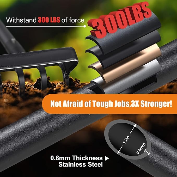 Dual Function Hoe Garden Tool - 36-82” Extra Long Handle Lightweight Stirrup Hula Hoe for Easy Weeding, Carbon Steel Sharp Blade & 4 Tine Rake for Gardening