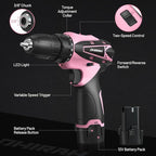 Cordless Drill Set, 12V Power Drill Kit with Battery and Charger, 3/8" Keyless Chuck, 25+1 Torque Setting, Built-in LED, Electric Driver Tool for Home DIY Projects (Pink)