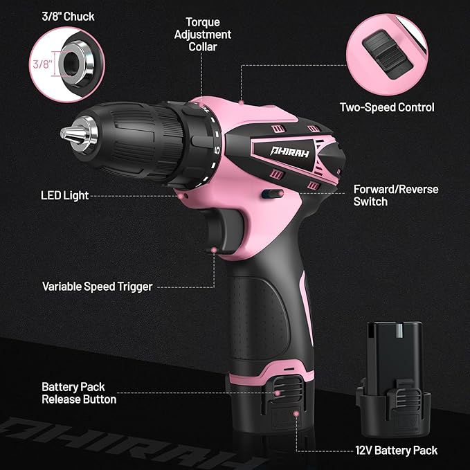 Cordless Drill Set, 12V Power Drill Kit with Battery and Charger, 3/8" Keyless Chuck, 25+1 Torque Setting, Built-in LED, Electric Driver Tool for Home DIY Projects (Pink)