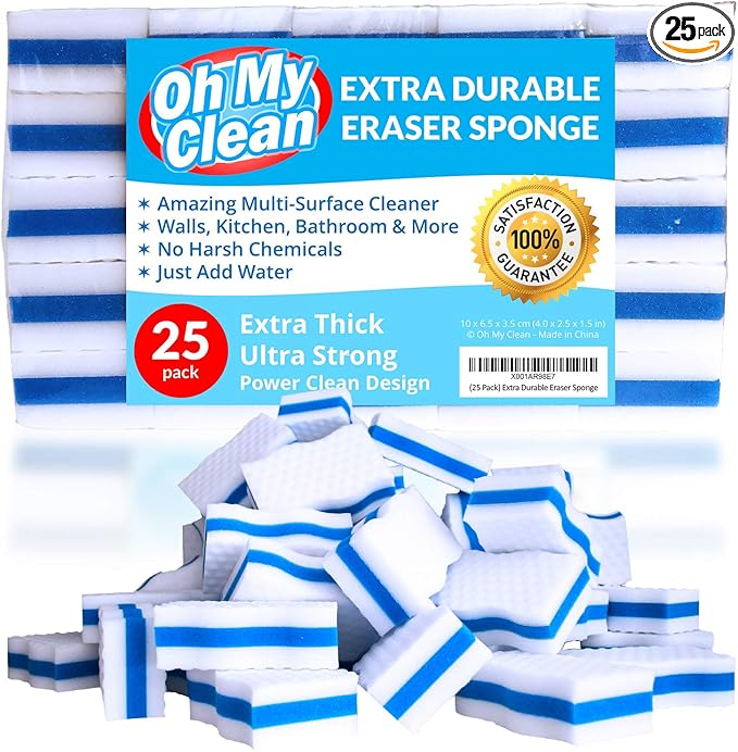 (25 Pack) Extra Durable Eraser Sponge – Extra Thick, Long Lasting Magic Melamine Cleaning Sponges in Bulk – Foam Pads for Walls, Kitchen, Bathroom, Floor & Baseboard Cleaner