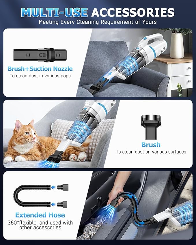 AHNR Handheld Vacuum Cordless, 16000PA Powerful Suction Hand Held Vacuum Dust Busters Cordless Rechargeable with LED Light & 2 HEPA Filters, Portable Car Vacuum Cleaner High Power for Car Home Office