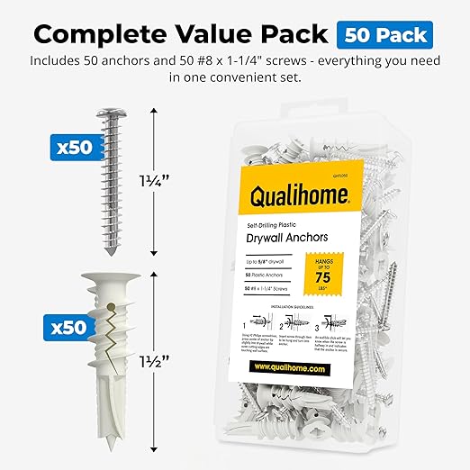 Self Drilling Drywall Anchors with Screws – Heavy Duty Wall Anchors for Drywall, Sheetrock Anchors – Plastic Anchors #8 – No Pre-Drill Needed – Anchor Screws Kit
