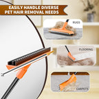 Carpet Rake for Pet Hair Removal - 3 in 1 Pet Hair Remover Tool with 58" Adjustable Long Handle,Reusable Dog & Cat Carpet Scraper,Pet Hair Remover for Rugs,Mats,Couch,Curtains(Orange)