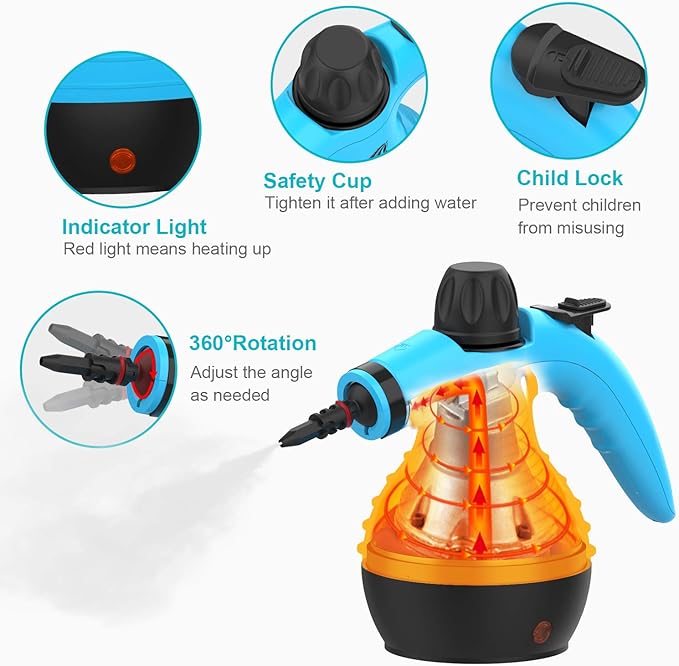 MLMLANT Handheld Steam Cleaner, Multipurpose Portable Upholstery Steamer with Safety Lock and 9 Accessory Kit for Carpet, Couch, Clothes, Mattress, Car Seats, Kitchen, Floor Steamer Cleaning, Blue