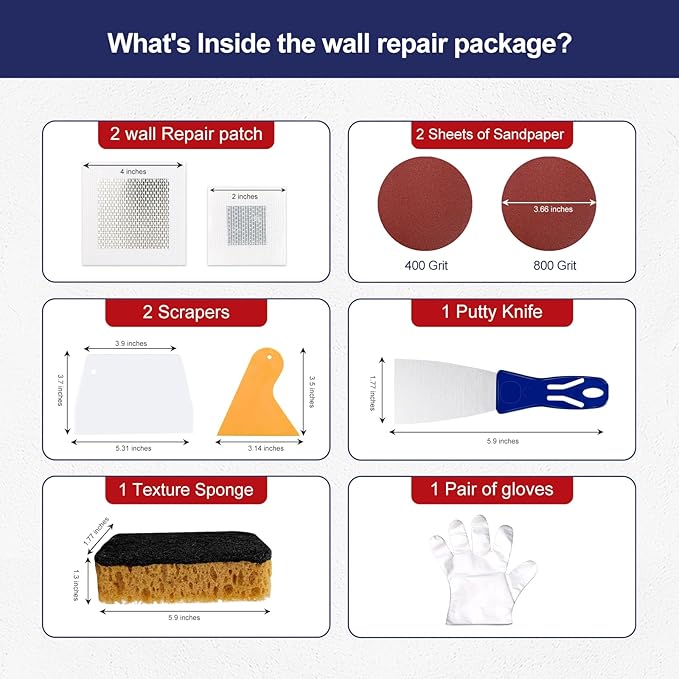 8.6oz Drywall Patch Repair Kit - Professional All-in-1 Tool Set (Scrapers/Sandpaper/Texture Sponge/Gloves/ Aluminum Patches) for Fast Wall Hole Repair