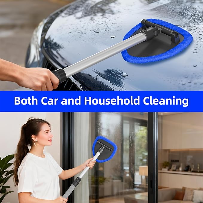 desin Windshield Cleaning Tool, Car Window Cleaner Windshield Cleaner with 4 Reusable and Washable Microfiber Pads and Extendable Handle Auto Inside Glass Wiper Kit