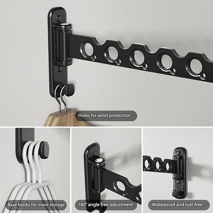 Wall Mounted Clothes Hanger Rack Foldable Drying Rack Hook Folding Indoor for Laundry Room Organization Bedroom Collapsible Racks Perfect for Small Spaces, 6 Hole Black 2 Packs