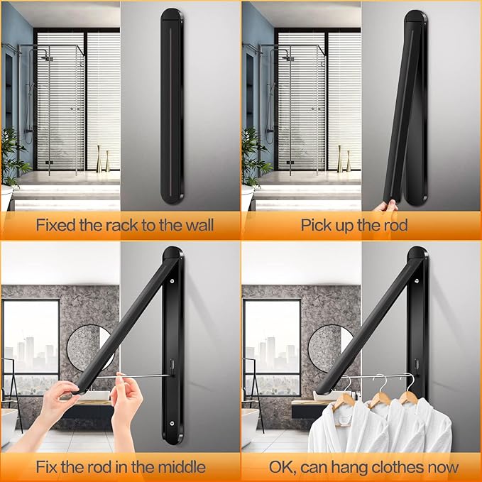 Wall Mounted Clothes Drying Rack-Foldable Indoor Laundry Rack,Space Saving Collapsible Clothes for Bathroom, Dorm, Apartment, RV, Laundry Room Organization.(Black-Aluminum)