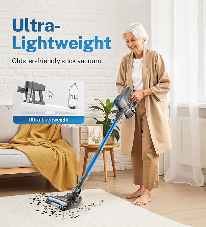 DEVOAC Cordless Vacuum Cleaner, Ultra-Lightweight Stick Vacuum, 2200mAh Battery Up to 40mins Runtime, 6 in 1 Powerful Handheld Vacuum for Home Hard Floor Carpet Pet Hair (Sea Blue)