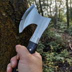 DOOM BLADE 8.5" Camping Hatchet Axe with Nylon Sheath,Small Tomahawk Viking Axe Forged High Carbon Steel for Full Tang Wooden Grip,Portable Camping Axe for Outdoor Splitting Wood,Hunting Survival
