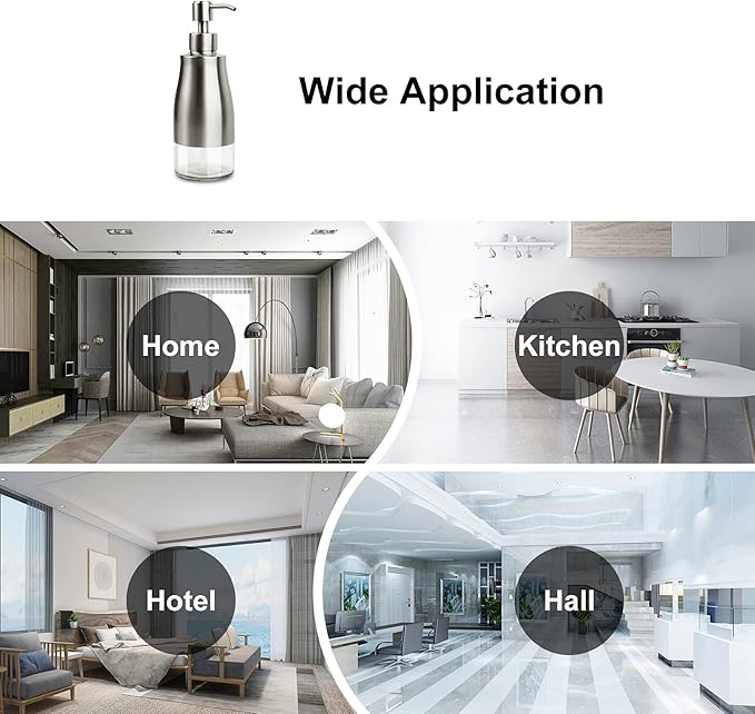 Dish Soap Dispenser with Stickers, Brushed Nickel Stainless Steel and Glass Combined, Refillable Liquid Hand Soap Dispenser for Bathroom & Kitchen (11OZ / 320ML)