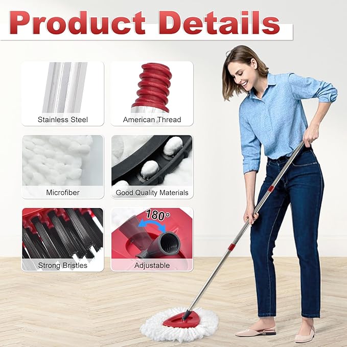 Mop Head Replacement, Base, Mop Handle for Ocedar EasyWring 1-Tank System, 2 Microfiber Mop Refills, Extendable Length 30-59" Mop Handle, Base and Scrubber for All Hard-surfaced Floor