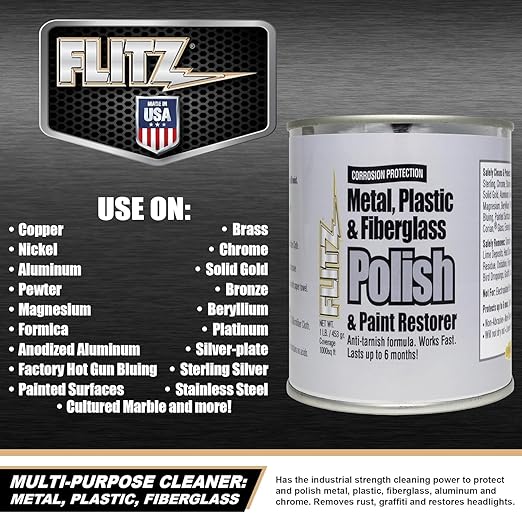 Flitz Multi-Purpose Metal Polish Paste - 1lb Can of USA-Made Chrome Polish - Works on Stainless Steel, Aluminum, Plastic, Jewelry and Cars - Non-Abrasive Cleaner & Rust Remover (1 Pack)